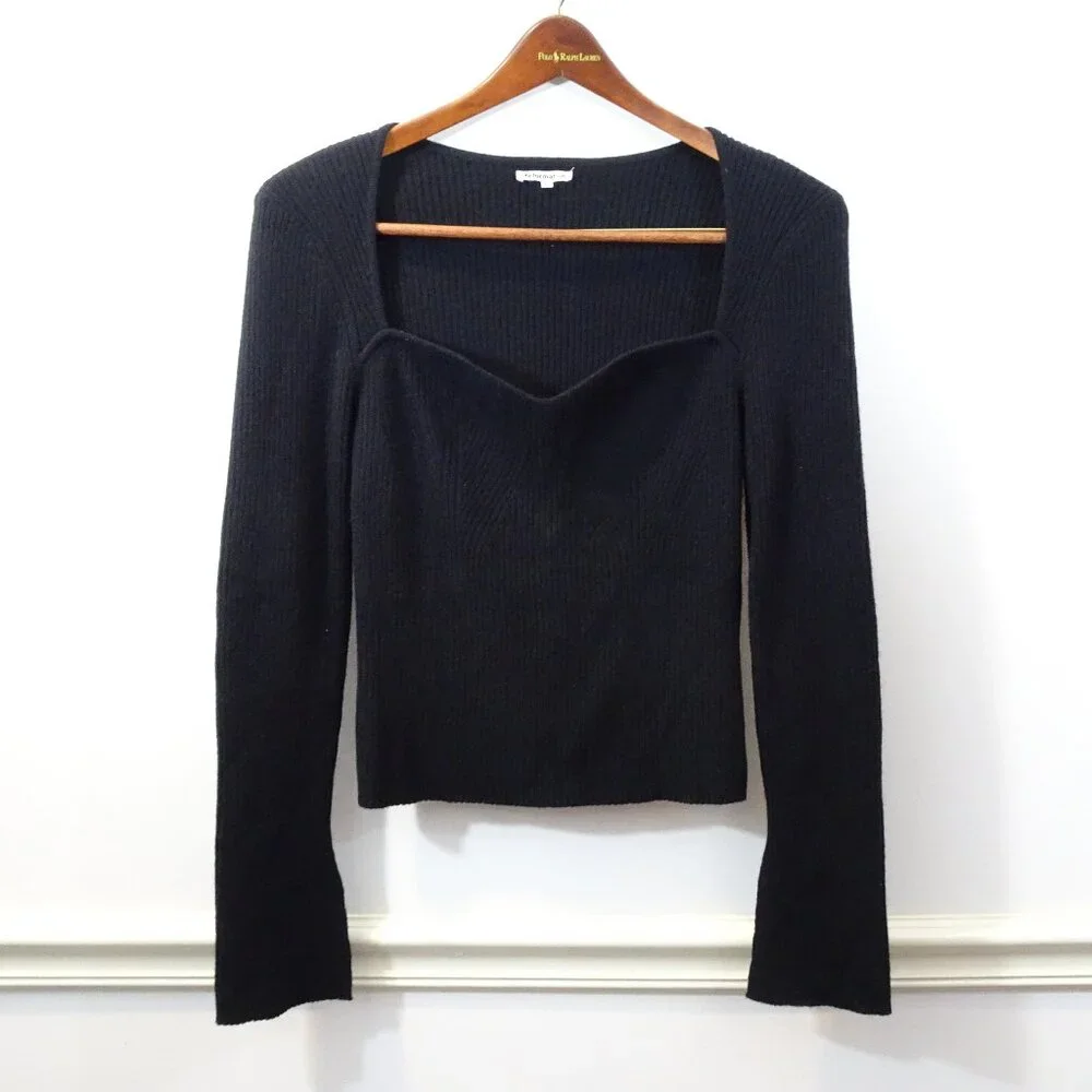Reformation Cashmere Sweetheart Neck Long Sleeve Sweater Black Size XL Ribbed - Picture 1 of 8